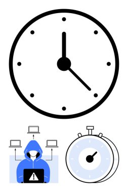 Dizüstü bilgisayarı olan mavi kapüşonlu bir bilgisayar korsanı, bağlantılı cihazlar, geri sayım zamanlayıcısı ve analog saat. Siber güvenlik, hackleme girişimleri, zaman baskısı, veri ihlalleri, acil teslim tarihleri için ideal
