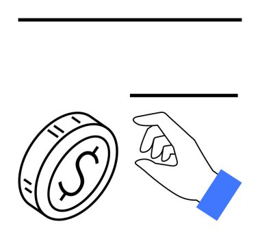 Bir dolar işareti olan bir madeni paraya uzanıyor. Mavi manşet ayrıntısı ve soyut siyah çizgiler. Finans, tasarruf, kazanç, bütçe, yatırım, para birimi ve soyut düz çizgi metaforu için ideal