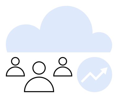 Büyüme çizelgesi sembollü mavi bir bulutun altında üç kullanıcı simgesi. Takım çalışması, veri paylaşımı, bulut teknolojisi, üretkenlik, iş büyümesi, uzaktan çalışma, soyut düz metafor için ideal