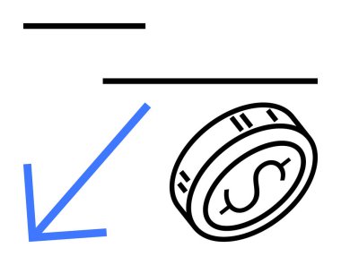 Solu gösteren aşağı doğru mavi ok, siyah yatay çizgiler, içinde dolar sembolü olan madeni para ekonomik çöküşü gösteriyor. Finans, ekonomi, yatırım, iş stratejisi, risk yönetimi ve pazar için ideal