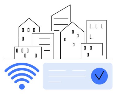 Kablosuz ağ ikonu ve mavi işaret ile birlikte eskiz tarzı kentsel binalar. Kentsel gelişim için ideal, akıllı şehir planlaması, kablosuz teknoloji, altyapı, yenilik