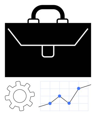 Evrak çantası profesyonelliği vurguluyor, teçhizat süreci simgeliyor, grafik analitiği simgeliyor. İş stratejisi, takım çalışması, üretkenlik, kariyer büyümesi, pazar eğilimleri, yenilik soyut çizgisi için ideal