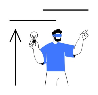 VR kulaklık takan adam ampulü tutuyor, ileri bakıyor, soyut çizgilerle çevrili. Yenilik, teknoloji, VR, gelecekteki kavramlar, eğitim, dijital dönüşüm yaratıcı düşünce için ideal