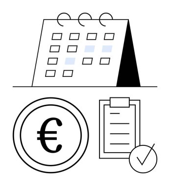 Masa takvimi, Euro madeni para ve kontrol listesi mali planlama, bütçe yönetimi, zaman yönetimi ve hedef izlemeyi sembolize eder. İş, bankacılık, verimlilik süresi, organizasyon için ideal