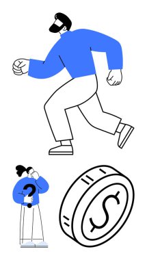 Hareket eden bir kişi, soru soran bir birey, dolar işareti olan büyük bir para. Finans, hedefler, karar verme, kariyer, problem çözme fırsatları için ideal. Soyut satır düzlüğü