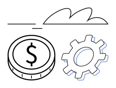 Dolar işaretli sikke, gelişimi simgeleyen vites, yenilik ve büyüme için soyut bulut. Finans, teknoloji, iş, üretkenlik, yenilik, ekonomi ve soyut düz çizgi metaforu için ideal