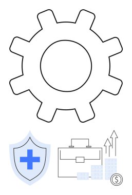 Çapraz çizgili kalkan, evrak çantası ve finansal büyüme grafiğinin üzerinde büyük bir vites. İş stratejisi, sigorta, teknoloji, finans, güvenlik planlama verimliliği için ideal. Satır metaforu