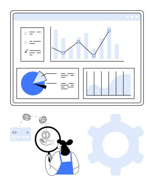 Finansal analist çizgi grafikleri, pasta grafiği ve çubuk grafiği olan dijital veri panelini inceliyor. İş analizi, finansal analiz, veri görselleştirme, piyasa araştırması, performans takibi için ideal