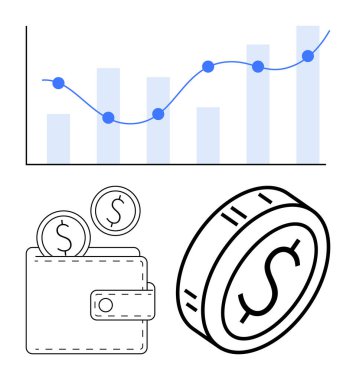 Yükselen eğilimli grafikler, bozuk paralı cüzdan ve büyük paralar. Finans, iş, bütçe, tasarruf, yatırım ekonomisi kişisel refah yönetimi için idealdir. Soyut çizgi düz metafor