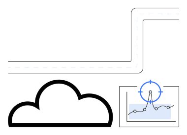 Minimalist bulut simgesi hedef noktası olan bir grafiğe bağlanıyor. Teknoloji, veri akışı, analitik, bulut hizmetleri, strateji, navigasyon, soyut çizgi düz metaforu için ideal
