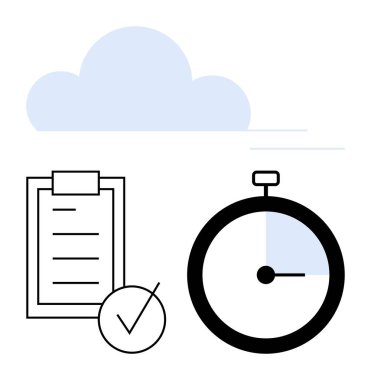 Kontrol listeli pano, geçen zamanı gösteren kronometre ve sakin mavi bulut. Zaman yönetimi, planlama, mühlet, organizasyon, takım çalışması süreçleri, üretkenlik araçları soyut çizgi için ideal