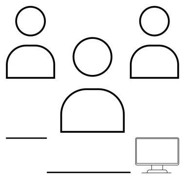 Üç insan figürü, dijital takım çalışmasını ve liderliği sembolize eden bir masaüstü monitörüyle birbirine bağlı. Takım çalışması, işbirliği, liderlik, dijital iletişim ve uzak çalışma için ideal