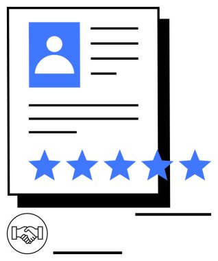 Profil fotoğrafı, metin detayları, beş yıldızlı derecelendirme ve tokalaşma simgesini içeren tasarıma devam et. İşe alım, İK, takım çalışması, yetenek değerlendirmesi, ortaklık kariyeri için ideal soyut çizgi oluşturma