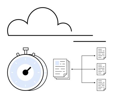 Kronometrenin üstündeki bulut çizgisi, istiflenmiş kağıtlar, bağlı dosyalarla akış diyagramı. Üretkenlik, bulut hesaplama, zaman verimliliği, belge organizasyonu, iş akışı, veri depolama soyut hattı için ideal