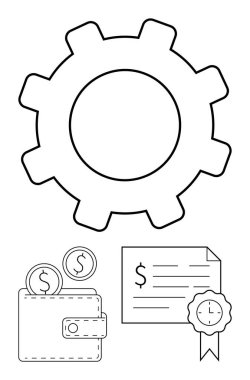 Çark, süreç entegrasyonunu sembolize ediyor. İçinde madeni para olan cüzdan, mali işlemleri gösteriyor. Sertifika başarıyı ya da yönetmeliği temsil eder. Finans, iş verimliliği ve sertifika için ideal