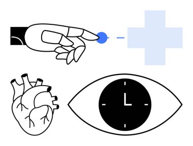 Robotic hand interacting with a blue cross, human heart illustration, and eye embedding a clock. Ideal for medical tech, health innovation, time management, diagnostics, robotics, AI and abstract clipart