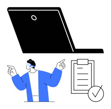 Mavi jestler yapan biri, web kamerası olan bir laptop, kontrol listesi ve işaretli bir pano. Takım çalışması, verimlilik, talimatlar, işbirliği, görev yönetimi, uzaktan çalışma soyut çizgisi için ideal