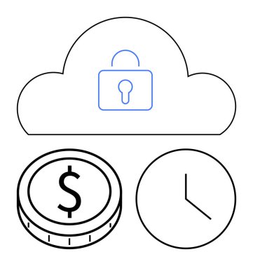 Kilitli bulut, zamanı simgeleyen madeni para ve saati simgeliyor. Siber güvenlik, veri güvenliği, bulut depolama, kaynak yönetimi, zaman tasarrufu, dijital ekonomi soyut çizgi için ideal