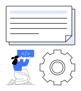 Dizüstü bilgisayarlı bir kadın, kodlama sembolü, büyük teçhizat ve belgeler, yazılım geliştirmeyi, bilişim projelerini, otomasyon işlemlerini gösteren belgeler. Teknoloji ve kodlama iş akışı programlama işi için ideal