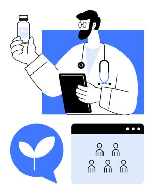 Doktorun elinde şişe ve tablet var, bitki simgesi ekolojik bilinçli uygulamalar öneriyor, tarayıcıdaki insanlar toplumun odaklandığını ima ediyor. Sağlık, teknoloji, yenilik, sürdürülebilirlik, takım çalışması, eğitim için ideal