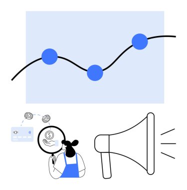 Finansal verileri büyüteçle değerlendiren kişi, ilerleme gösteren büyüme grafiği, iletişim ve pazarlama stratejileri için megafon. Finans, pazarlama ve iş büyümesi için ideal