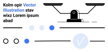 Denge ölçeği, çeşitli siyah, gri ve mavi daireler, yatay çizgiler ve metin minimalist bir kompozisyon oluşturur. Denge, karşılaştırma ve minimalizm tasarımı için ideal sanat sektörü kavramları web