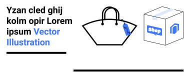 Üstünde e-ticaret ve ürün teslimatının altını çizen Dükkan etiketi ve teslimat kutusu olan el çantası. Perakende alışveriş, moda, lojistik, markalaşma, pazarlama, dijital mağazalar, düz iniş için ideal