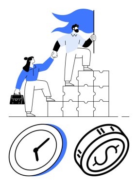 İki kişi bulmaca bloklarına tırmanıyor, ellerinde bir bayrak ve evrak çantası, saat ve para simgeleri var. Takım çalışması, liderlik, başarı, zaman yönetimi, mali hedefler, iş stratejisi için ideal