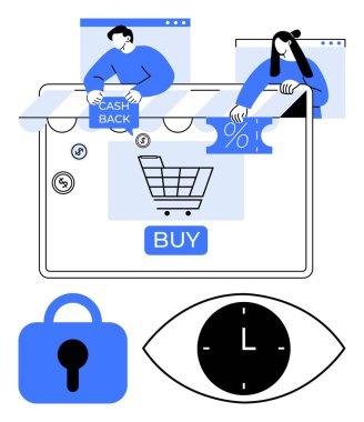 Dijital müşteriler nakit para ve indirim simgeleriyle çevrimiçi alışveriş arabası, kilit ve zaman sembolüyle etkileşim halindeler. E-ticaret, tasarruf, güvenlik, alışveriş davranışı, çevrimiçi promosyonlar için ideal soyut çizgiler