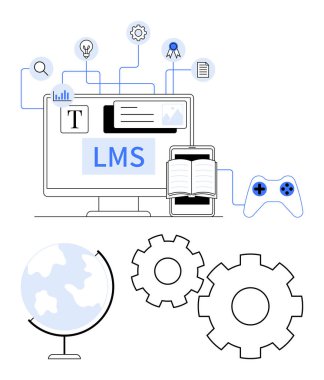 Bilgisayar ekranında LMS, tablet ve açık bir kitap, dünya, vites, oyun kumandası var. E-öğrenme, eğitim teknolojisi, çevrimiçi kurslar, öğretici tasarım etkileşimli öğrenme için ideal
