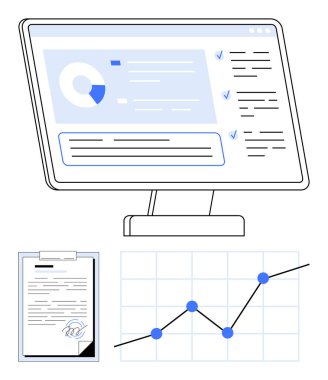 Bilgisayar ekranında turta grafiği, kontrol listesi ve metin içeren veri göstergeleri imzalı bir rapor ve satır grafiğidir. Analiz, raporlama, araştırma, üretkenlik, strateji ve içgörü için ideal