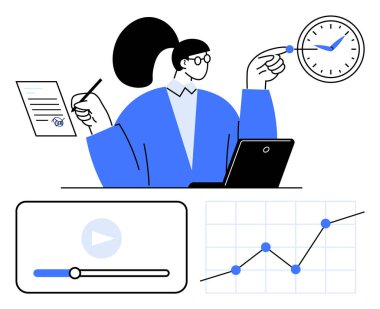 Dizüstü, çizelge, saat, belge ve video arayüzü ile birden fazla iş yapan kadın. Üretkenlik, zaman yönetimi, analitik, iş stratejileri için ideal iş akışı optimizasyonu e-öğrenim soyut çizgisi