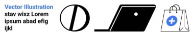 İlaç ikonu, dizüstü bilgisayar ve sağlık haçı sembollü alışveriş torbası modern bir eczane kurulumuna işaret ediyor. Sağlık, teknoloji, tıbbi e-ticaret, çevrimiçi hizmetler, dijital pazarlama için ideal