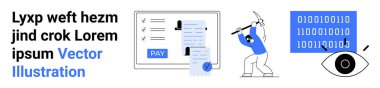 Ödeme formu, madencinin veri çıkarması, dijital kod, izleme gözü. Fintech, güvenlik, madencilik, ödemeler için ideal yapay zeka dijital işlem teknolojisini kavramsallaştırır. Soyut çizgi düz metafor