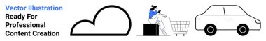 Minimalist bulut ikonu, alışveriş arabasının yanında dizüstü bilgisayarı olan bir kadın ve bir araba taslağı. E-ticaret, bulut hesaplama, hareketlilik, teknoloji, dijital ekonomi, çevrimiçi hizmetler düz iniş için ideal