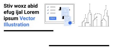 Faturalı ödeme ekranı, şehir silüeti ve kontrol listesi. Finans, iş, teknoloji, modern çalışma, otomasyon, çevrimiçi işlemler için ideal düz çizgi metaforu