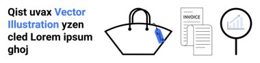 Etiketli alışveriş çantası, fatura belgeleri ve grafiğin üzerinde büyüteç. Perakende, e-ticaret, iş, analitik, finans pazarlama satışları için ideal. Düz iniş sayfası afişi için mükemmel