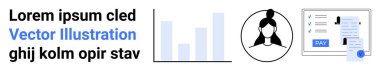 Bar tablosu, kullanıcı profili simgesi ve ödeme formu. Veri analizi, kullanıcı yönetimi, finans, dijital hizmetler, modern UI, kurumsal görseller düz çizgi metaforu için ideal