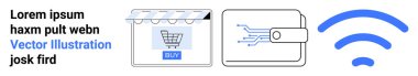 Mağaza vitrininin altında alışveriş arabası, devre tasarımlı e-cüzdan, kablosuz bağlantı ikonu. E-ticaret, fintech, çevrimiçi ödeme, pazarlama, bağlantı, perakende düz iniş sayfası için ideal