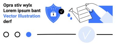 Mavi ve beyaz tasarım, kalkanla, kilitle, işaretle, sulama kutusuyla, damlacıklarla, ilerleme çubuğuyla, metinli dairelerle. Siber güvenlik için ideal, çevrimiçi koruma veri bakımı uygulamasının izlenmesinde ilerleme