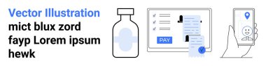 İlaç şişesi, kontrol listeli ödeme makbuzu ve lokasyon şifreli akıllı telefon. Sağlık sistemleri, e-eczane, dijital ödemeler, çevrimiçi hizmetler, lojistik, teletıp soyut hattı için ideal
