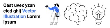 Eşyalar taşıyan kadın, beyin görselleştiren fikirler ve yeniliği sembolize eden ampul. Yaratıcılık, yenilik, bilgi, beyin fırtınası, problem çözme, teknoloji düz iniş sayfası afişi için ideal