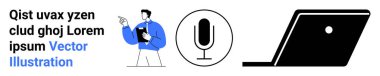 Pano, dairesel mikrofon ikonu, açılı dizüstü bilgisayar tasarımı ile konuşan kişi. İletişim, teknoloji, sunumlar, uzaktan çalışma, dijital medya eğitimi için ideal. Soyut çizgi