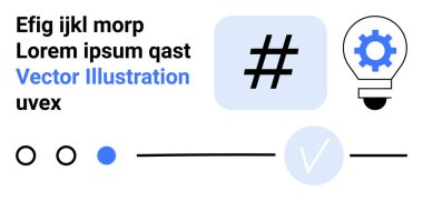 Fikirler ve yenilikler için vites kutusu, sosyal medya için meta veri etiketi sembolü, aşamaları gösteren ilerleme göstergeleri. İçerik oluşturma, dijital dönüşüm ve proje planı için ideal