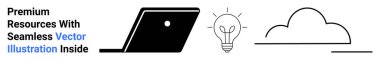 Teknoloji için dizüstü bilgisayar, fikirler için ampul, veri depolamak için bulut. Yenilik, yaratıcılık, dijital araçlar, eğitim, bulut hesaplama, problem çözme soyut metaforu için ideal