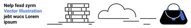 Yığınlanmış kitaplar, bir bulut ve minimum çizgiler ve seçici mavi röflelerle betimlenmiş el çantası. Eğitim, seyahat, moda, e-ticaret, basitlik, minimalizm düz iniş sayfası afişi için ideal