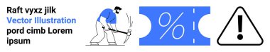 Man breaking ground with pickaxe, discount coupon with percentage, and triangle warning sign. Ideal for work ethic, effort, discount deals, alerts, risks labor safety. Abstract line flat metaphor clipart