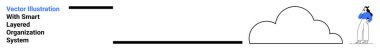 Bulutun yanında duran kişi veri depolamayı simgeliyor. Minimalist stil, teknolojiyi, organizasyonu ve basitliği vurgulamak. Teknoloji hizmetleri, organizasyon, depolama çözümleri ve yenilik için ideal