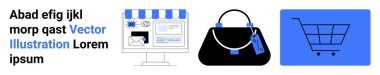 Dijital mağaza arayüzü, etiketli lüks el çantası ve çevrimiçi alışveriş temaları. E-ticaret, moda, perakende, pazarlama, iş, web tasarımı düz iniş sayfası için ideal