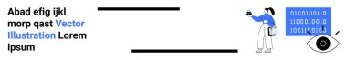 Göz sembolü ile çerçevelenmiş ikili kodu incelemek için büyüteç kullanan kadın, veri analizi, siber güvenlik, programlama, yapay zeka, araştırma, kodlama ve teknolojik yeniliği temsil ediyor. İdeal